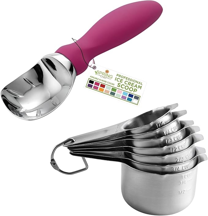 Spring Chef Premium Ice Cream Scoop, Magenta & Stainless Steel Measuring Cups with Pour Spout, Set of 7-2 Product Bundle