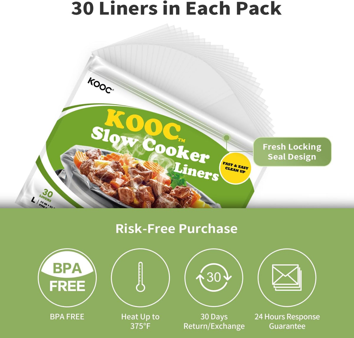 KOOC Slow Cooker Liners 13"x21" 30 Count Disposable Plastic Bags Pot Liners Cooking Bags Fit 3 qt to 8.5 qt Pot BPA Free