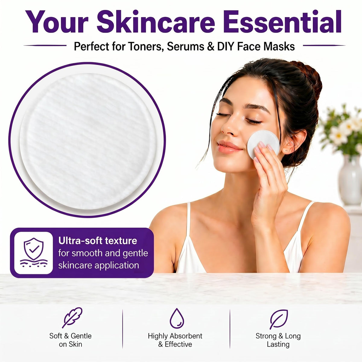 ForPro Organic Cotton Rounds for Face (300-Count) Stitched Makeup Remover Pads, 100% Certified, Lint-Free Hypoallergenic Skincare Pads for Toner, Sensitive Skin, Vegan & Cruelty-Free