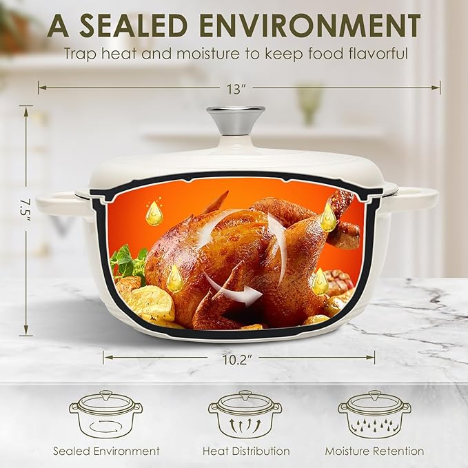 Enameled Cast Iron Dutch Oven Pot With Lid - AIVIKI 5QT Dutch Oven for Bread Baking With Cotton Potholders - Heavy-Duty Cookware for Braising, Stew, Roasting, Oven Safe up to 500°F, Cream White