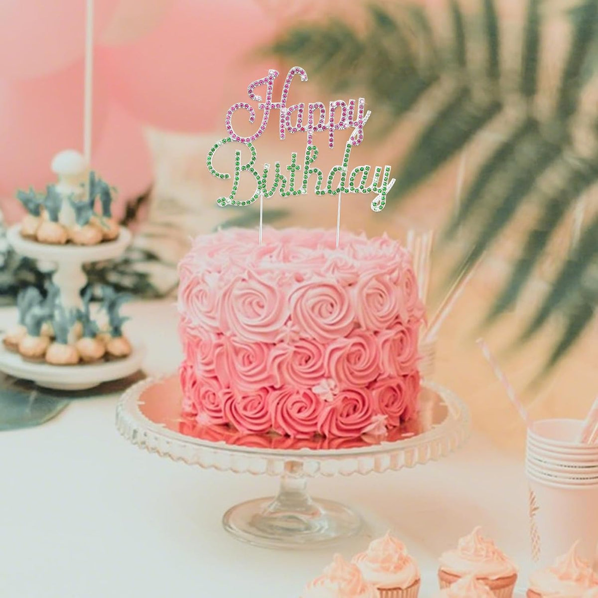 Jaciya Pink and Green Happy Birthday Cake Topper - Witch Themed Cake Decorations Green and Pink Party Supplies