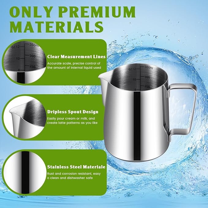 Dandat 4 Pcs Milk Frothing Pitcher Espresso Steaming Pitchers 12 Oz Stainless Steel Milk Steamer Cup Frother Jug for Espresso, Latte Art, Chai Cappuccino Hot Chocolate