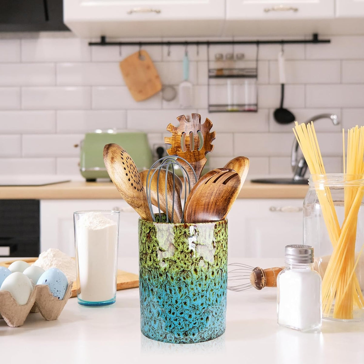 Utensil Holder, Ceramic Kitchen Utensil Holder for Countertop, Large Cooking Utensil Crocks for Kitchen Counter, Morden Utensil Organizer for Spatula, kitchen Decor,Green & Blue