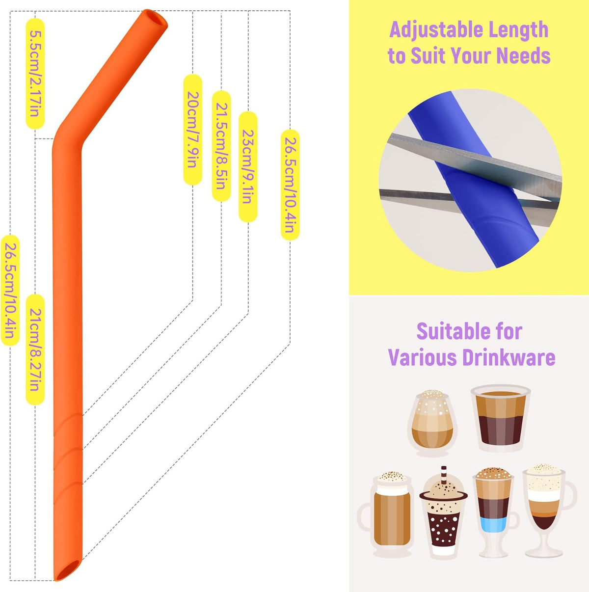NiHome 6-Pack Extra Wide Bent Reusable Silicone Drinking Straws for Boba, Smoothies, Milkshakes, Dishwasher Safe with Cleaning Brush, BPA-Free and Soft for Kids, Trim-to-Fit Design (Neon Colors)