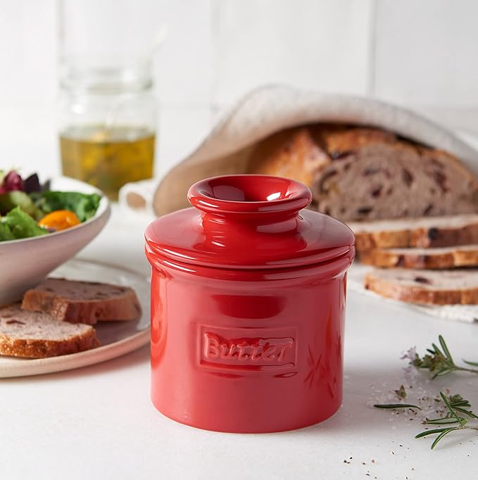 Butter Bell - The Original Butter Bell crock by L Tremain, a Countertop French Ceramic Butter Dish Keeper for Spreadable Butter, Café Retro Collection, Maraschino Red, Glossy Finish