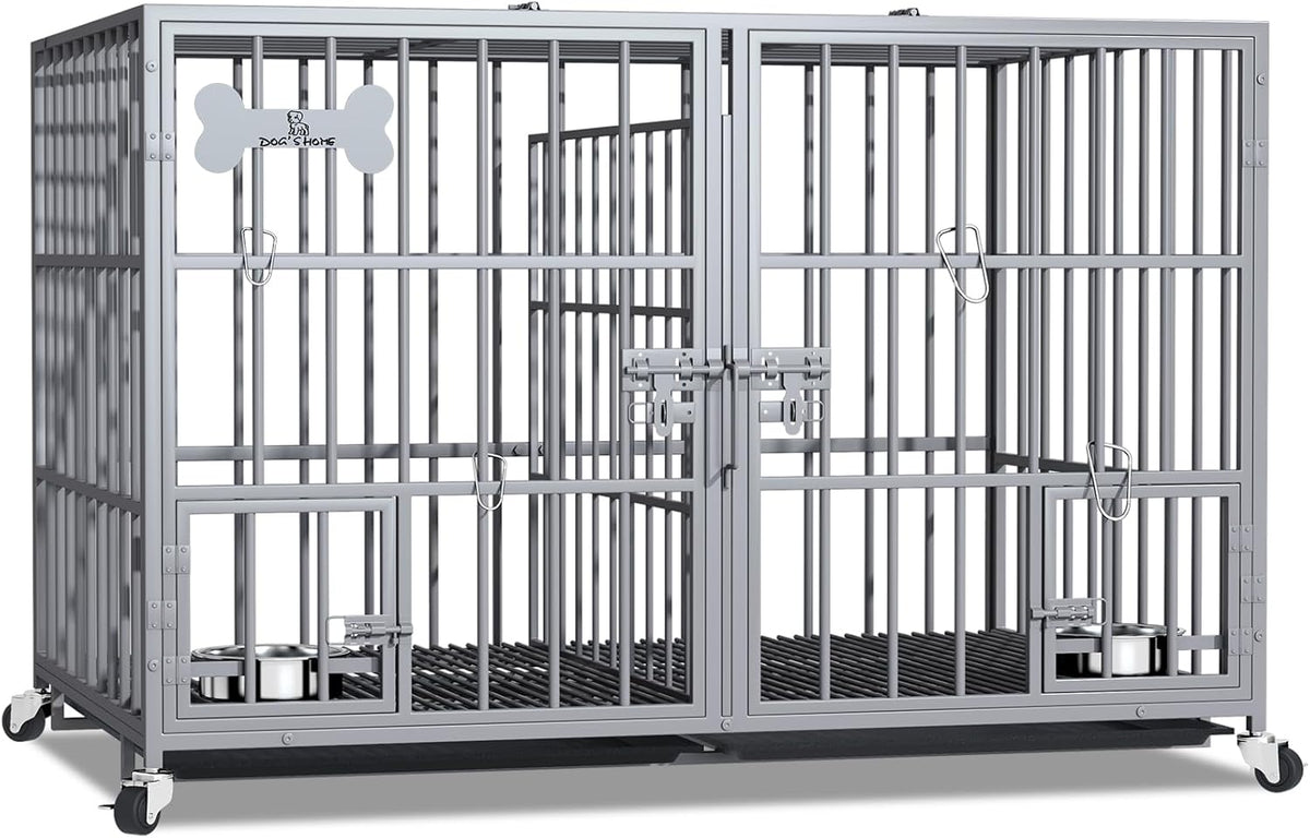 aboxoo 42/48 inch Heavy Duty Metal Dog Crate for 2 Dogs/Large Dog,All Metal Open Top,Dog Kennel Indoor with Wheels,Floor Grid, Tray, Divider and Feeding Bowl (Sliver)
