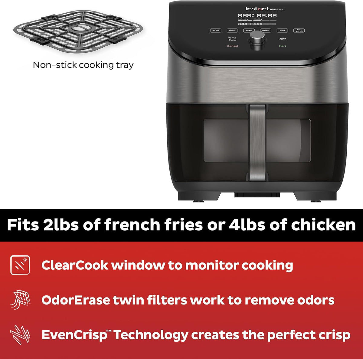 Instant Pot Vortex Plus 6QT Air Fryer with Odor Erase Technology,6-in-1 Functions that Crisps,Roasts, Broils,Dehydrates, Bakes & Reheats, 100+In-App Recipes, from the Makers of Instant Pot,1700W,Black
