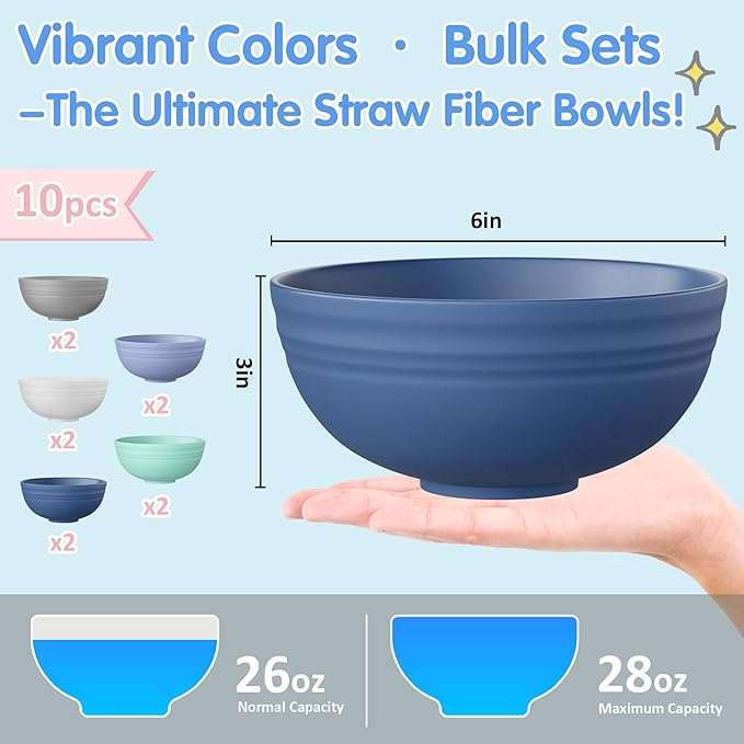 Quatish 10 PCS Unbreakable Cereal Bowls,Dishwasher & Microwave Safe Wheat Straw Bowls, Easy-to-Clean Lightweight Snack & Soup Bowl,Multi-Color Portable for Picnics Plastic Bowls Set, Blue