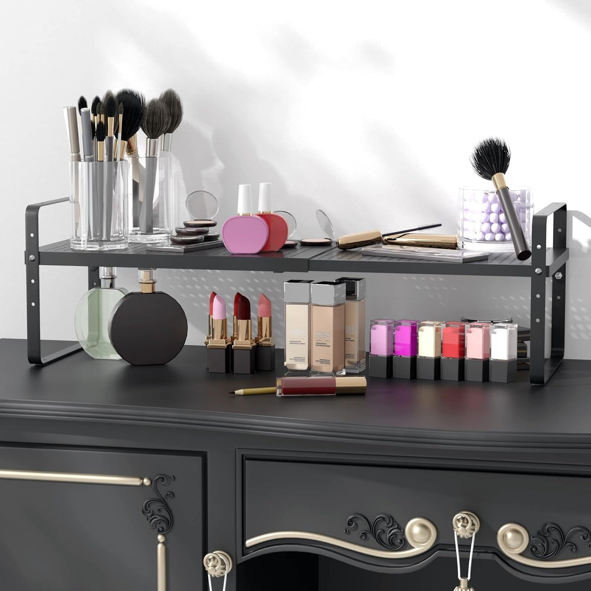 Expandable Cabinet Shelf Organizer Adjustable Metal Spice Rack Stackable Freestanding Counter Storage Shelves for Kitchen Cabinet Under Sink Office Desk (Black - 3Pack - L16.5-27'' * W10.2'' * H9.6'')