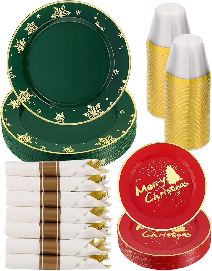 Goodluck 175 Piece Christmas Plates Sets for 25 Guests, Christmas Tableware Disposable for Party, Include 50Plates, 25Pack Pre Rolled Napkins with Silverware, 25Cups for Party, Wedding, Graduation