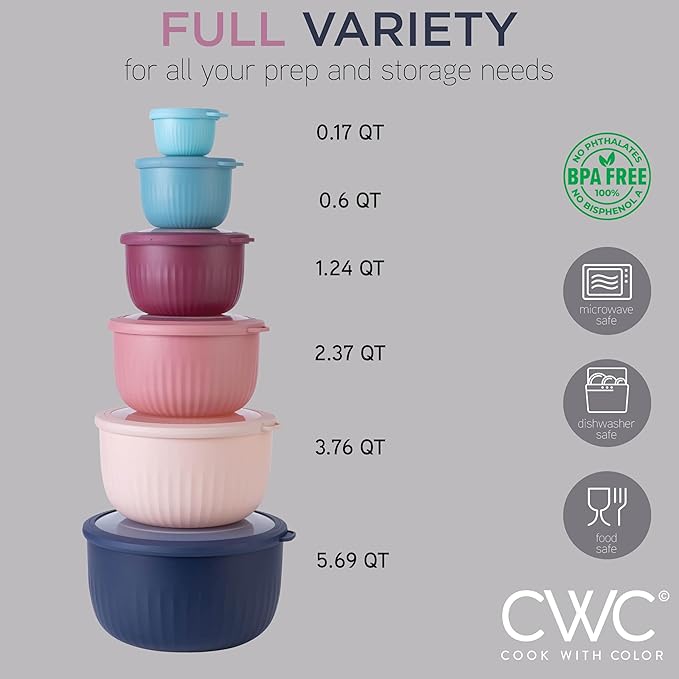 COOK WITH COLOR Prep Bowls with Lids- Wide and Deep Nesting Plastic Small Mixing Bowl Set with Lids, 12 Piece Set - Deep Bowls, Navy