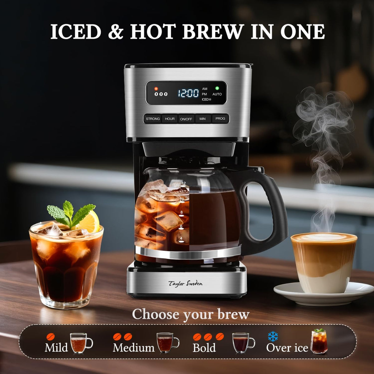 Taylor Swoden Programmable Coffee Makers 12 Cup, Hot and Iced Coffee Maker, 4 Brew Strength, LED Display, 24H Timer, Keep Warm&Auto Shutoff- Drip Coffee Machine for Home/Office, Black &Stainless Steel