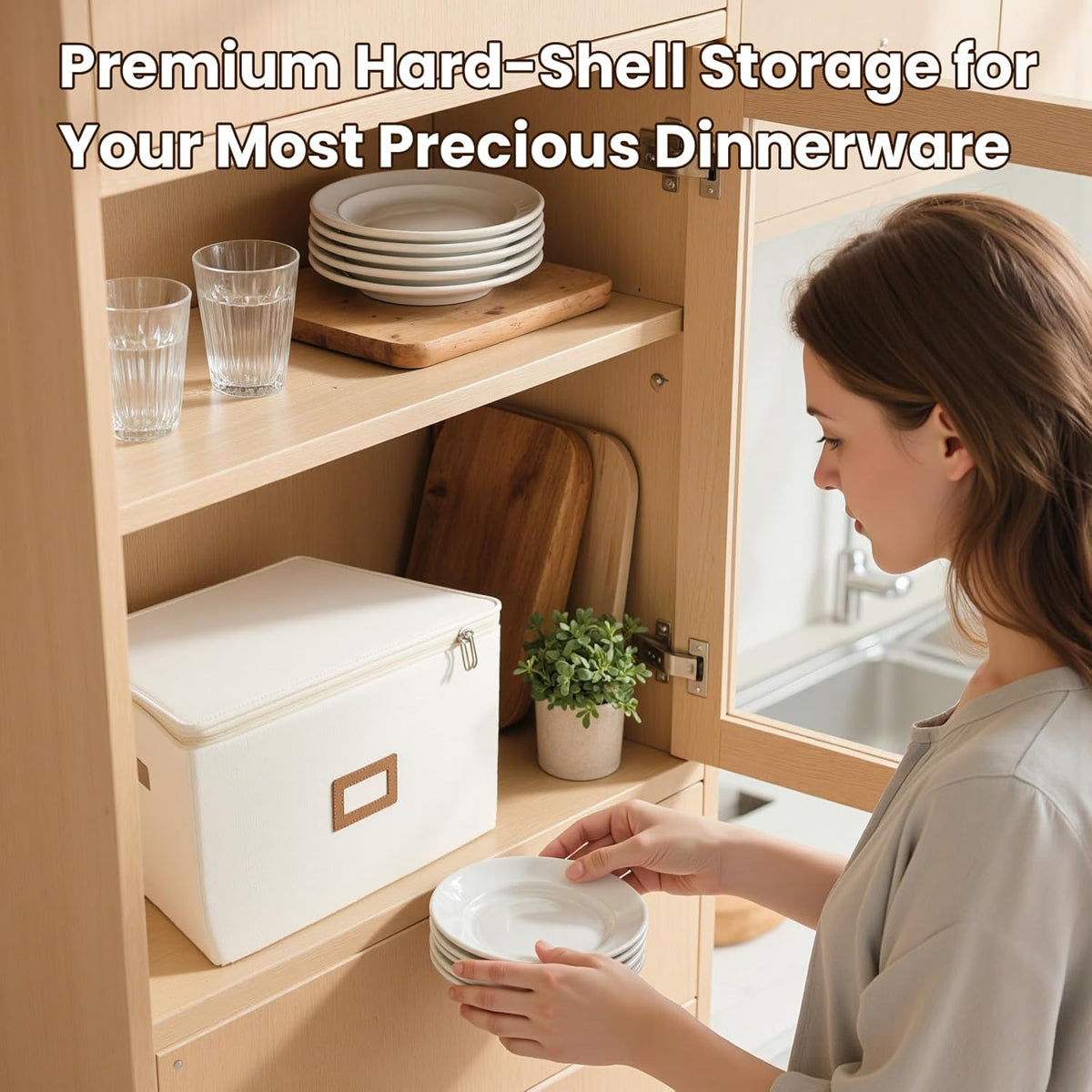 HOMELUX THEORY Wine Glass Storage Box with Dividers, Ivory Hard Shell China Storage Containers, Kitchen Storage Bins With Lids, Heavy Duty Moving Box for Packing Glasses, Stemware & Glassware