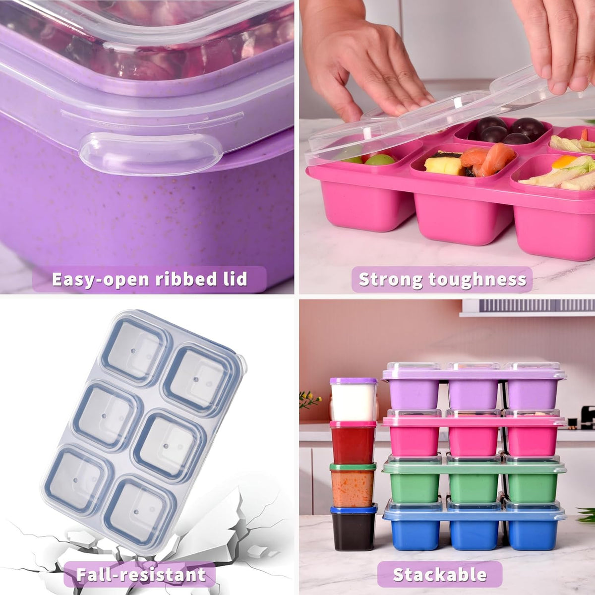 4-Pack Leakproof Bento Box & Snack Containers for Kids & Adults | 6-Compartment with 4 Sauce Cups | Ideal for School, Office, Picnic & Travel (38oz/1100ml) (Pink/Blue/Purple/Green)
