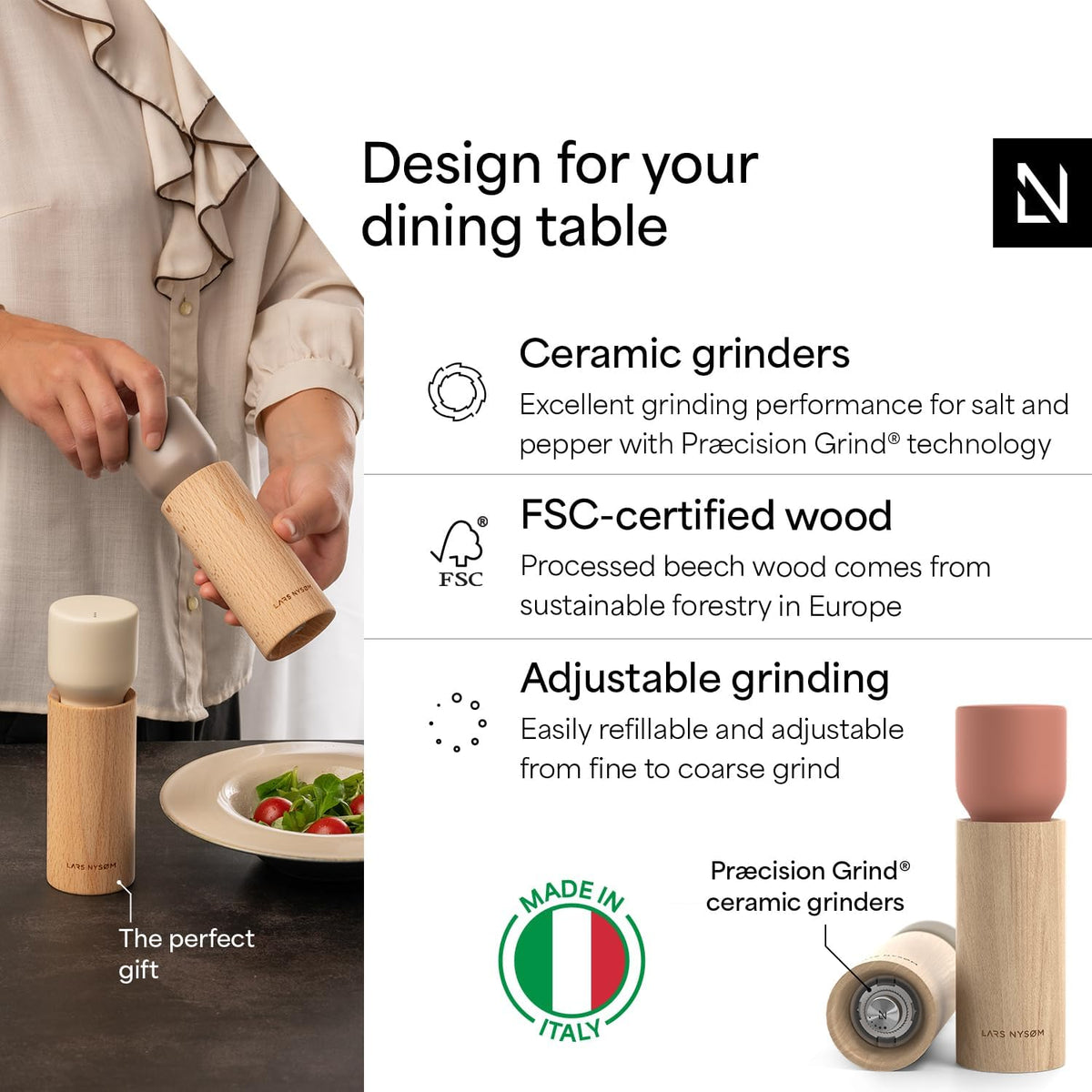 LARS NYSØM Wooden Salt and Pepper Grinder Set Manual with Tray - Salt and Pepper Mills with Adjustable Ceramic Grinder - Elegant Beechwood Pepper and Salt Mill Set for Dining Table (Red/Brown)