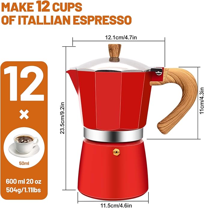12 Cup Aluminum Espresso Stovetop Moka Pot Express Coffee Maker Percolator Italian Classic Mocha Coffee Machine for Italian and Cuban Cafe Brewing for Home & Camping 600ml 20oz