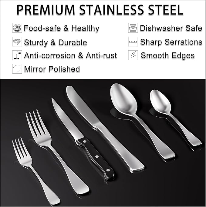 49PCS Silverware Set with Organizer, Stainless Steel Flatware Drawer Cutlery Set for 8, Kitchen Utensils with Steak Knives Mirror Polished Dinner Knife Forks Spoons Tableware Service Tray