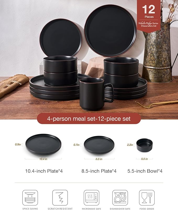 Famiware Nebula Ridge Stoneware Dinnerware Sets, Plates and Bowls Sets for 4, 12 Pieces Dishes Set, Microwave and Dishwasher Safe Kitchen Plates, Matte Black
