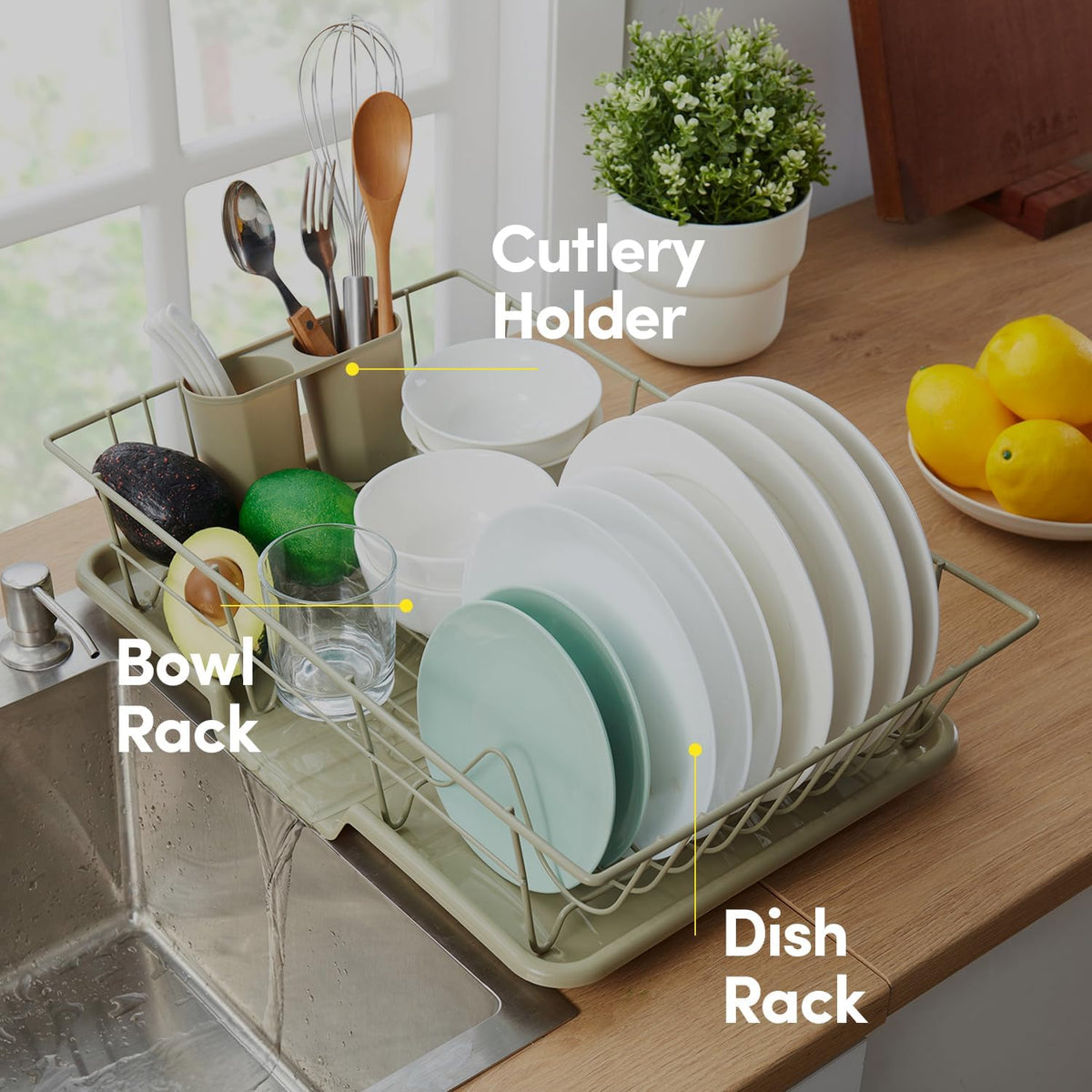Space-Saving 3-Piece Dish Drainer Rack Set: Efficient Kitchen Organizer for Quick Drying and Storage - Includes Cutlery Holder and Drainboard - Maximize Countertop Space, Sage Green