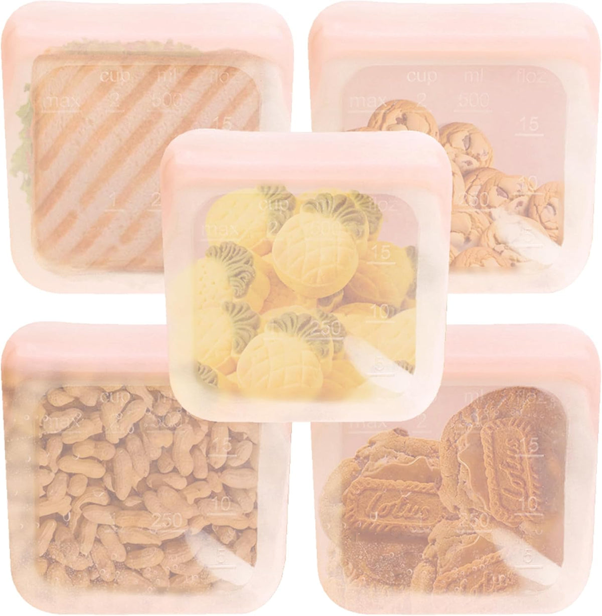 purifyou Set of 5 Reusable Silicone Storage Snack Bags 6oz / 16oz / 32oz / 64oz Self-Seal Food Storage Container for Fruits, Vegetables, Sandwiches, Dishwasher Safe & Leak-free (CloudPink, 16oz)