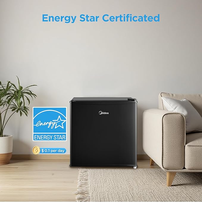 Midea MERM17B0ABB 1.7 Cu Ft Mini Fridge, Compact Refrigerator with Adjustable Thermostat, Reversible Door, Low Noise, Energy Efficient, Ideal for Dorm, Office, Bedroom, Black