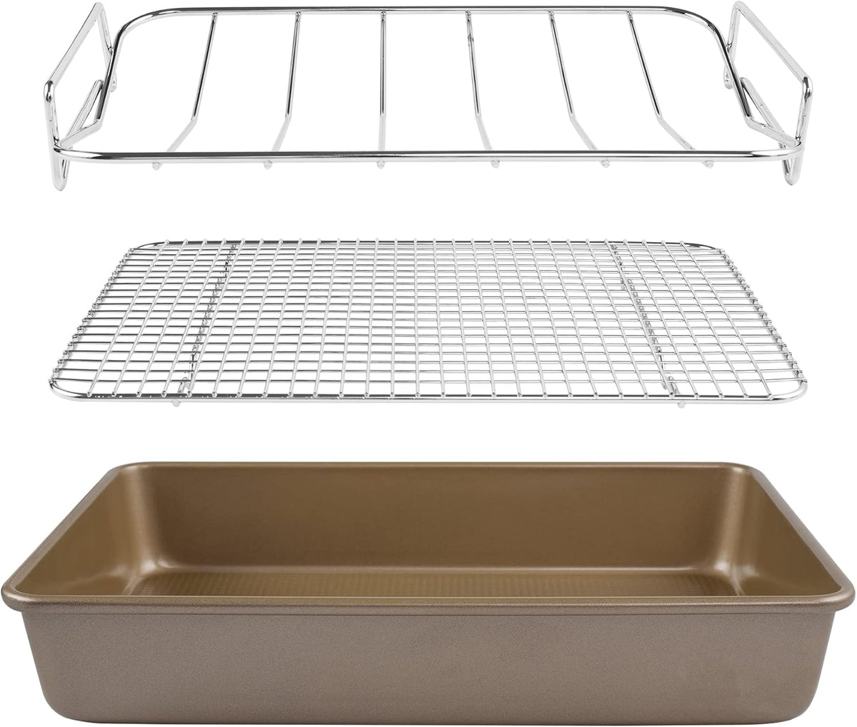 KitCom Bakeware Nonstick Carbon Steel Roaster with Flat Rack and V-Rack, 0.8MM Thickness Textured Base, Champagne Gold