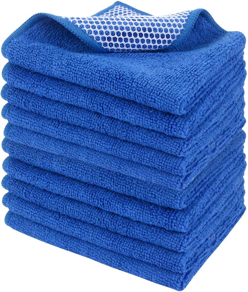 SINLAND Absorbent Microfiber Dish Cloth Dish Rags Best Kitchen Cloths Cleaning Cloths with Poly Scour Side 12Inchx12Inch 10 Pack Dark Blue