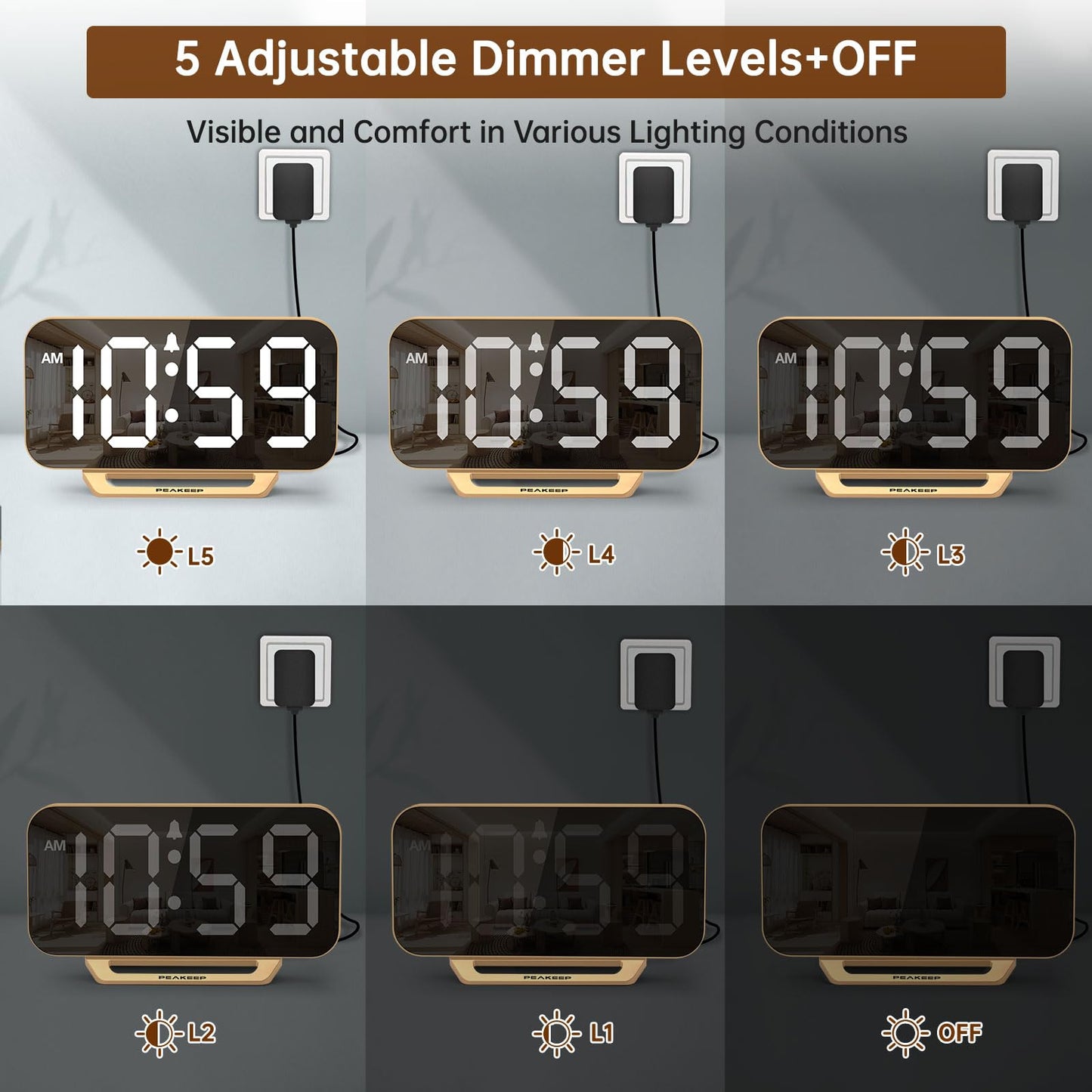 Peakeep Slim Digital Mirror Aesthetic Alarm Clock for Bedrooms Desk Decor