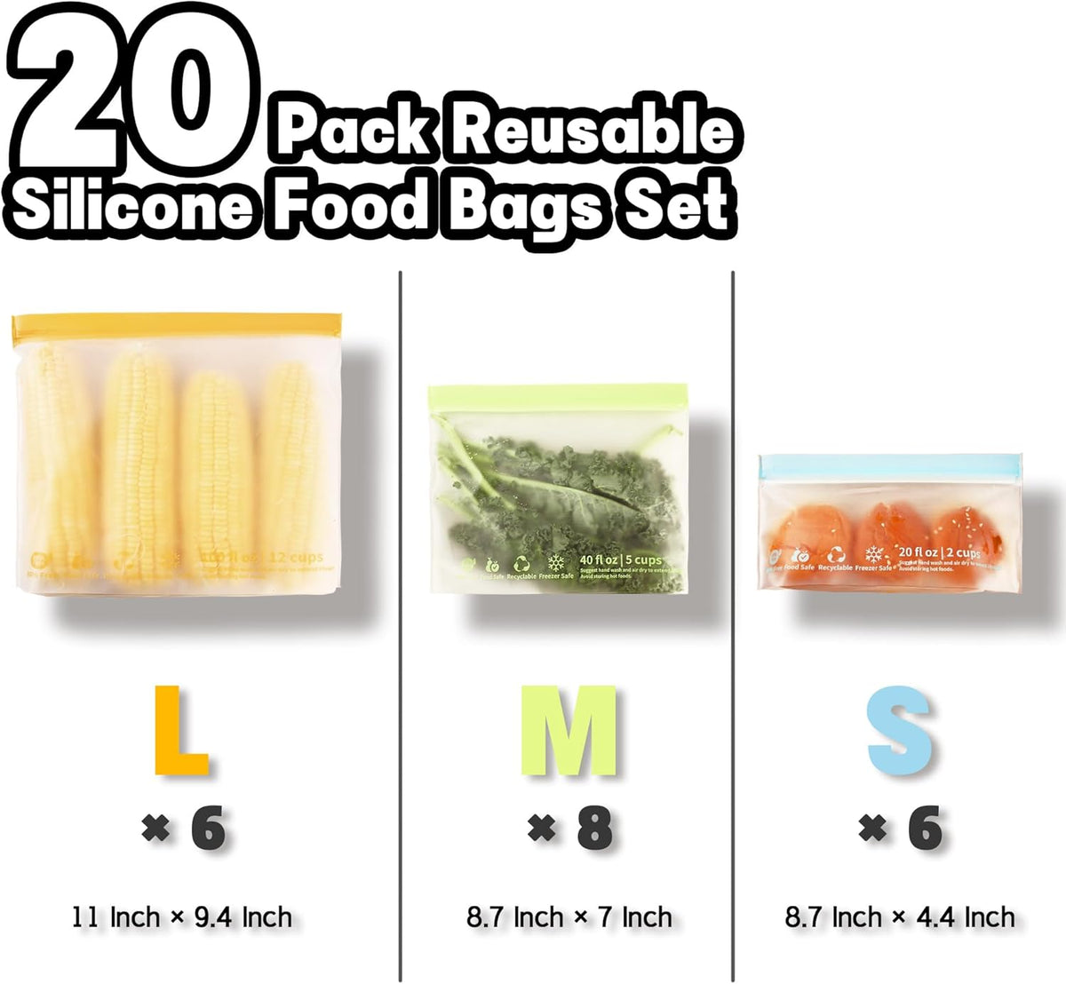20 Pack Reusable Food Storage Bags,Leakproof Freezer Bags BPA Free Stand Up Sandwich Bags for Lunch Salad Fruit Travel,Dishwasher Safe(6 Gallon,8 Sandwich,6 Snack)