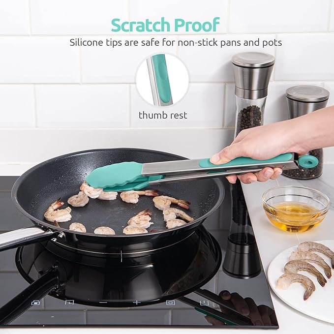 Heat Resistant Silicone Kitchen Tong: U-Taste 12 inch Large 480ºF Hot Proof Cooking Tong with Sturdy Non Stick Rubber Tips & Silicon Coated Steel Handle & Smooth Locking for Serving Salad (Aqua Sky)