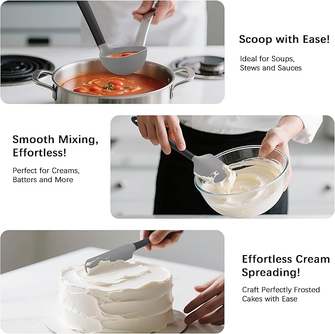 Coukre Silicone Kitchen Cooking Utensils Set with Holder – Heat-Resistant, Food-Grade Kitchen Tools, Spatula, Spoon & Gadgets for Non-Stick Pans, Dishwasher Safe (14, Gray)
