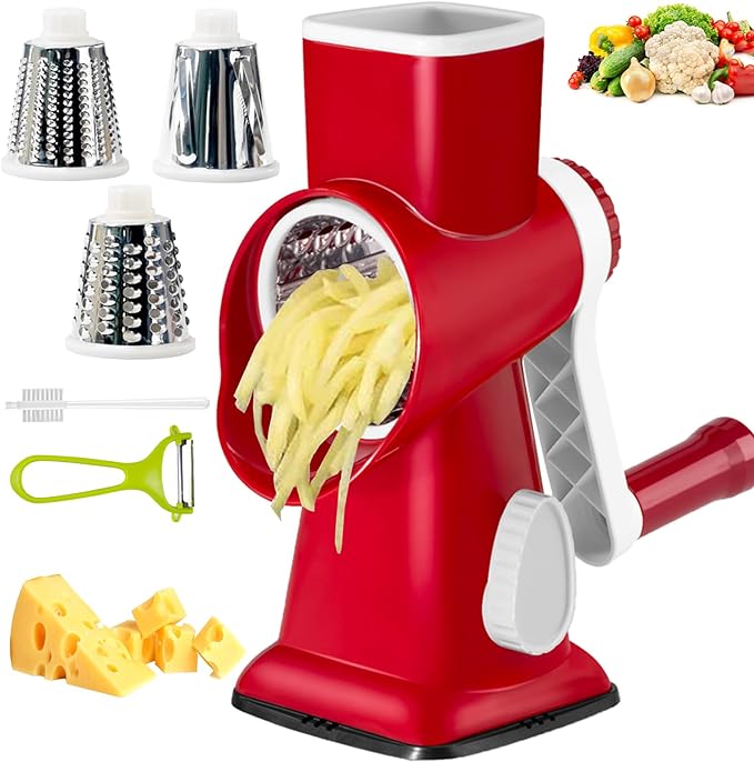 Cheese Grater with Handle, Multifunctional Manual Rotary Cheese Grater - Cheese Shredder Easily Chop Carrots, Potatoes, Vegetables and Fruits and Easy to Clean(red)