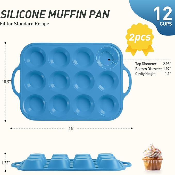 2 Packs 12 Cups Silicone Muffin Pan with Metal Reinforced Frame Regular Size Cupcake Pan Tray Egg Bites Silicone Circle Cookie Molds Muffin Tin Tart Pans Baking Sheet Set for Breakfast Sandwiches
