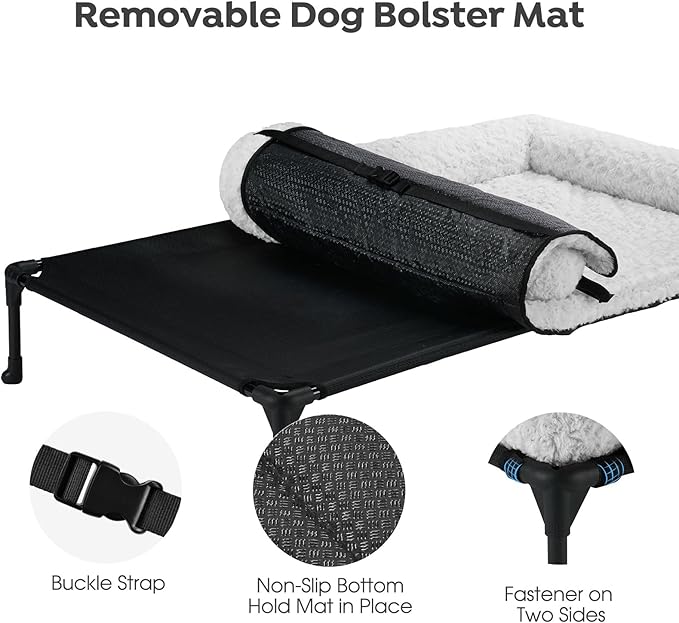 Veehoo Cooling Elevated Dog Bed Add Removable Deluxe Rose Plush Bolster Cushion Mat, 35" x 22" Washable Dog Couch Bed, Raised Pet Cot with Breathable Teslin Mesh, No-Slip Feet, Grey, CWC2439B