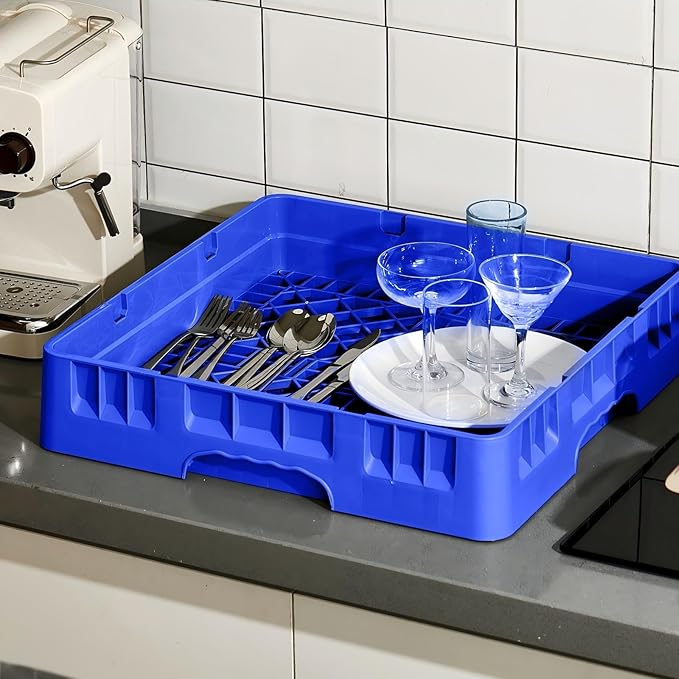 1 Pack Commercial Dishwasher Tray Rack Polypropylene Full Size Flatware Rack for Bowls Plates Knives Forks Cups (Basic,Blue)