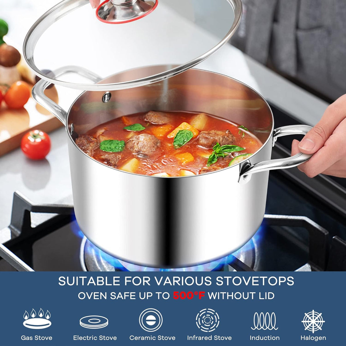 TeamFar 3.5 Quart Stock Pot, Tri-Ply Stainless Steel Pasta Cooking Pot with Lid, Tempered Glass Lid & Double Side Riveted Handles, Non-Toxic & Healthy, Heavy Duty & Dishwasher Safe