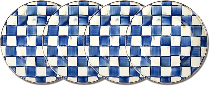 MACKENZIE-CHILDS Enamel Dinner Plate, Decorative Dinnerware Plate, 10 Inches, Set of 4, Blue-and-White Royal Check