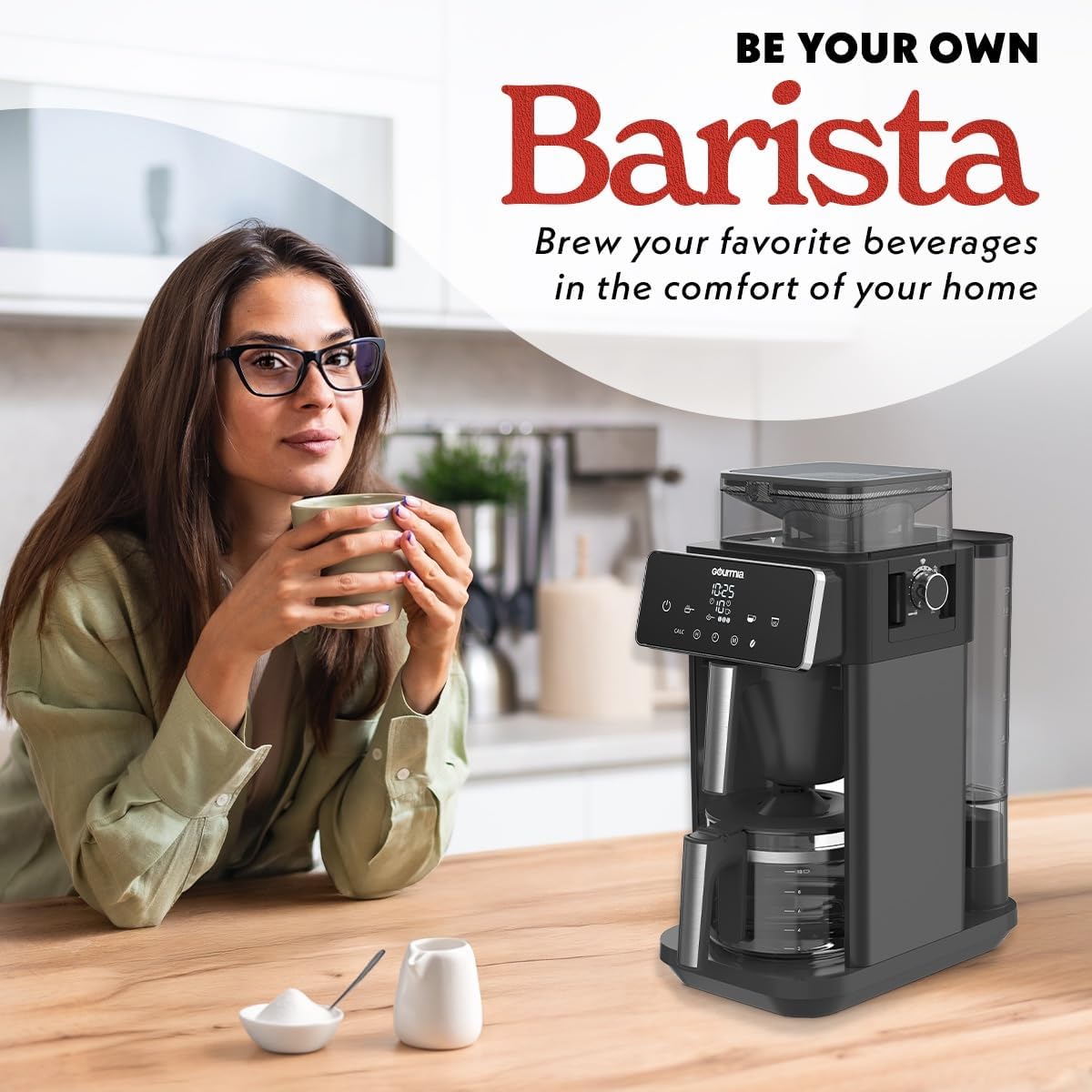 Gourmia 10-Cup Grind & Brew Coffee Maker – Built-in Adjustable Grinder, Programmable Digital Timer, 3 Brew Strengths, 4-Hour Keep-Warm, Auto Shut-Off, Pause & Serve, Glass Carafe, Stainless Steel