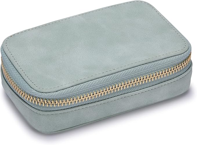 HISCOW Vegan Leather Travel Jewelry Case with Zipper - Portable Necklace & Earring Holder Organizer for Women Girls, Velvet-Lined Ring Box with Anti-Tarnish Design, Light Green