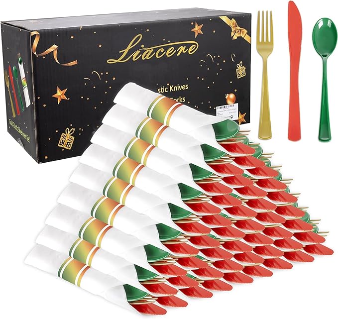 Liacere 100Pack Pre Rolled Silverware and Napkin - Wrapped Plastic Cutlery Set with Napkin:100 Gold Forks,100 Red Knives,100 Green Spoons,100 Napkins for Christmas