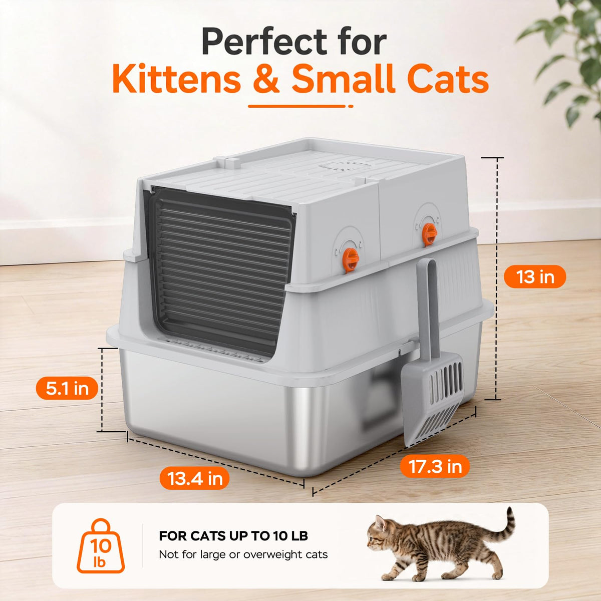 Devopet Stainless Steel Litter Box with Lid, Enclosed Metal Cat Litter Box for Kittens and Small Cats, Odor Control, Easy to Clean, Includes Scoop & Litter Mat