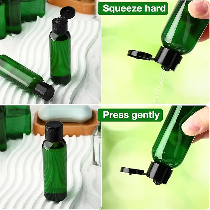 Zhehao 200 Pcs 2 oz Green Plastic Empty Bottles Small Travel Size Bottles with Flip Cap Empty Transparent Dispenser Container for Liquids Toiletries Shampoo Lotion (Black Cap)