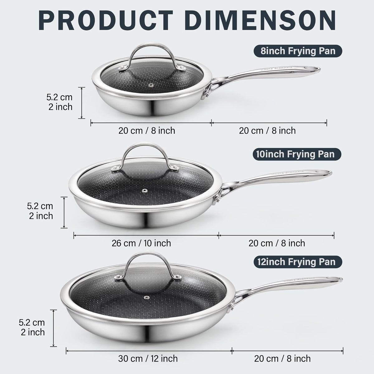 Cooks Standard Hybrid Nonstick Frying Pan Set, 8, 10 and 12-Inch Multi-Ply Clad Stainless Steel 3 Piece Skillet with Tempered Glass Lids, Oven Safe, Compatible with All Stovetops