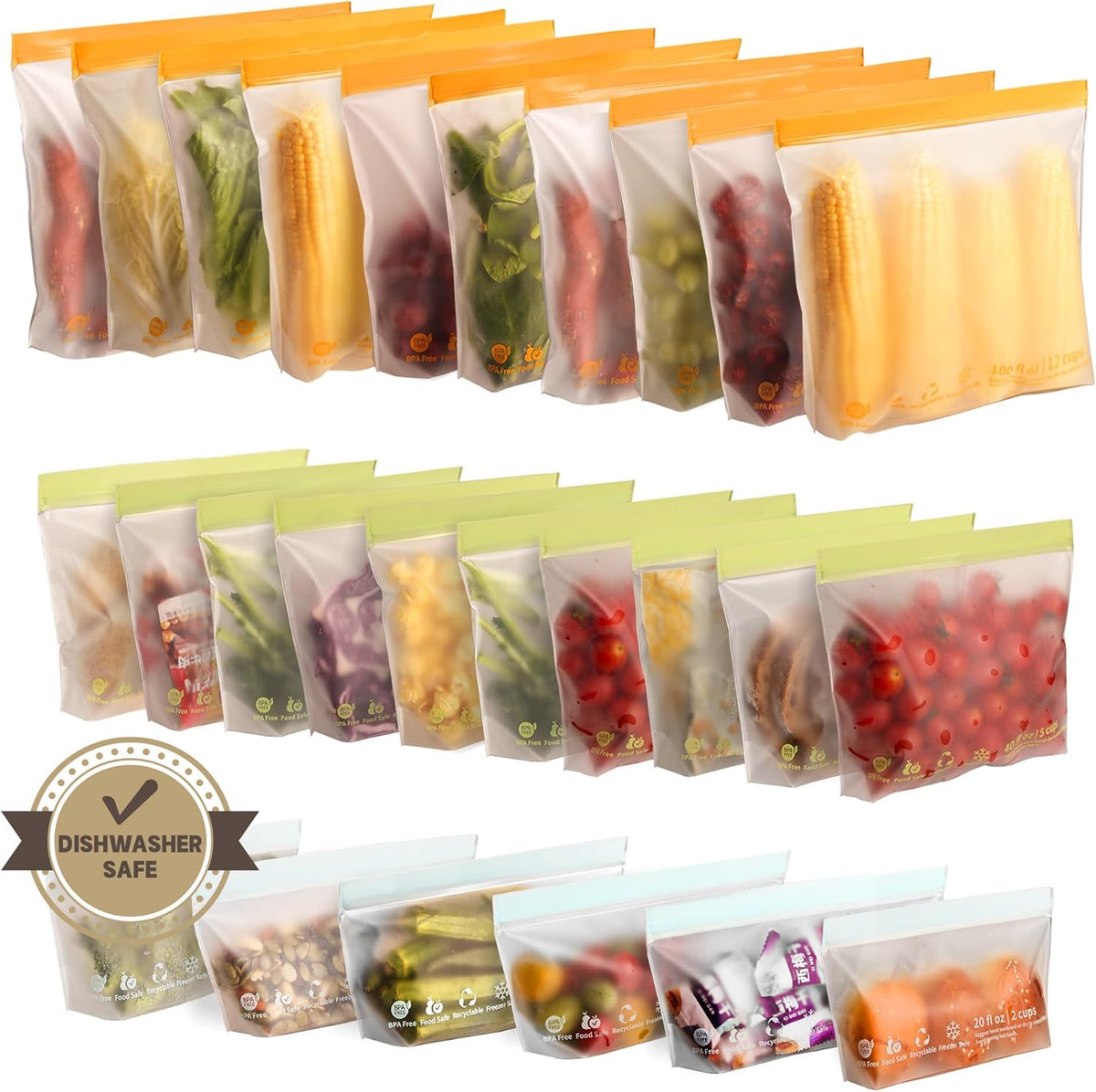 26 Pack Reusable Food Storage Bags,Leakproof Freezer Bags BPA Free Stand Up Sandwich Bags for Lunch Salad Fruit Travel,Dishwasher Safe(10 Gallon,10 Sandwich,6 Snack)
