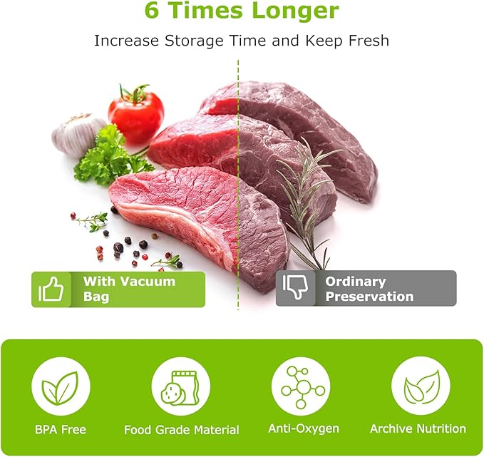 [2025 Upgraded] Bonsenkitchen 3 Rolls 11" x 16' + 3 Rolls 8" x 16' Vacuum Sealer Bags for Food with a Color Box, Easy to Store, Commercial Grade, BPA Free, Great for Food Storage or Sous Vide, VB22