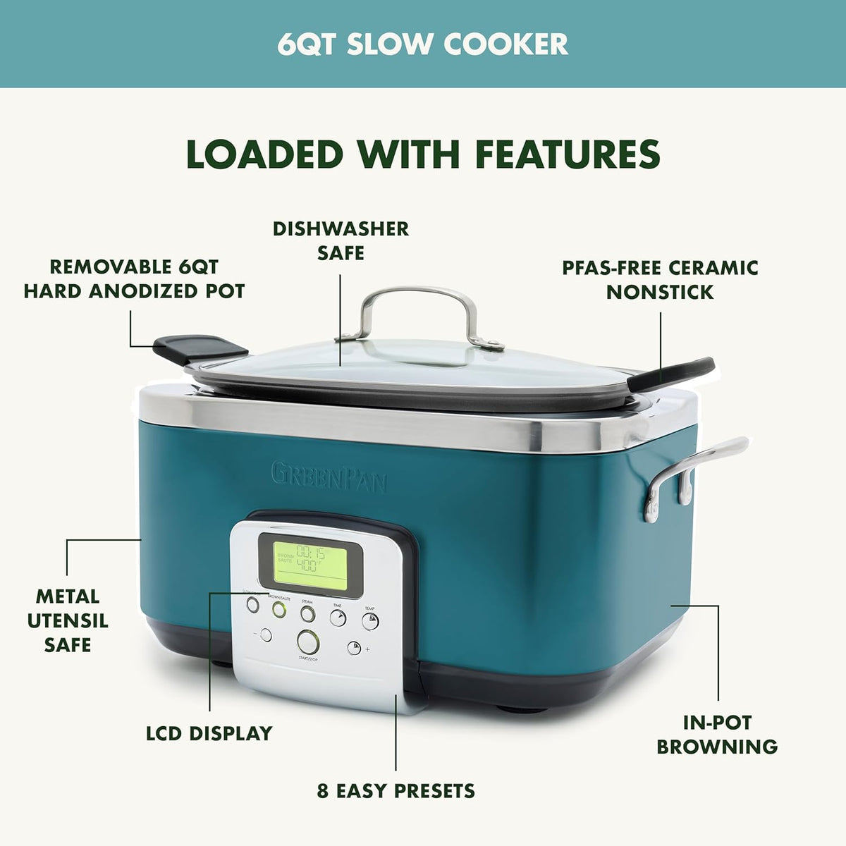 GreenPan Elite 8-in-1 Programmable 6QT Electric Slow Cooker, Dishwasher Safe Lid & Removable Crock, PFAS-Free Healthy Ceramic Nonstick Multi-Cooker, Sear, Sauté,Brown, Steam Basket, Roast, Deep Teal