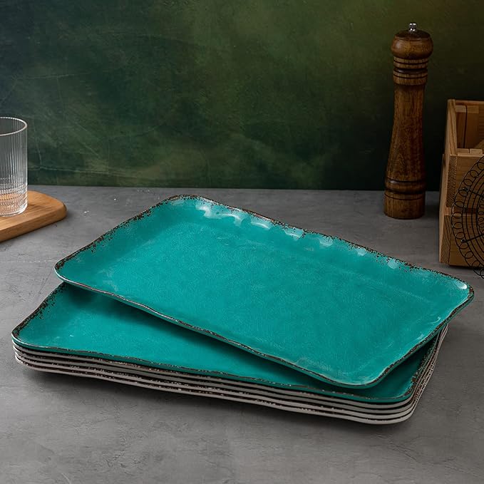 LEHAHA Vintage Melamine Serving Tray Set, Rectangular Large Serving Trays/Platters Set for Serving Food, BPA Free Food Serving Platters and Trays, Set of 2, 17.5"x 10", Teal