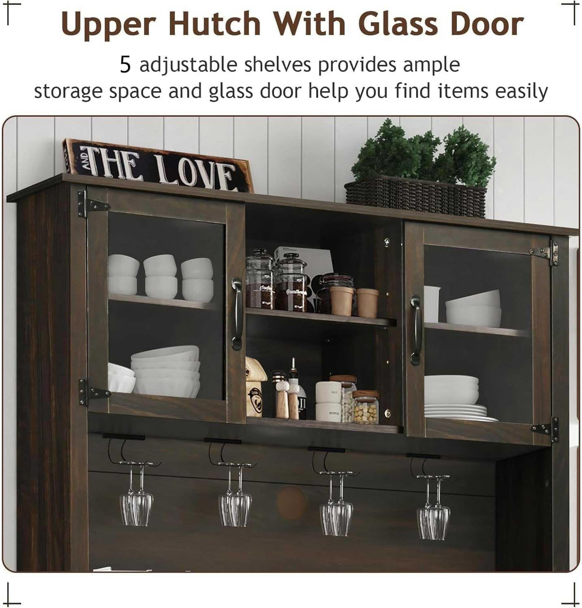 4ever2buy 72" Farmhouse Coffee Bar Cabinet with 2 Glass Doors & 9 Wine Racks, Tall Hutch Cabinet with Storage, Wine Bar with 4 Row Metal Glass Holder, Dark Oak
