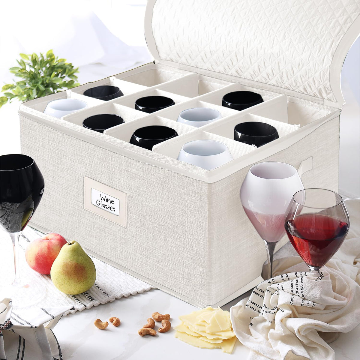 Hearth & Harbor Wine Glass Storage Box with Dividers, Quilted and Stackable Stemware Storage Cases, Service of 12 Glass China Container Hard Shell for Moving and Organization, Cream