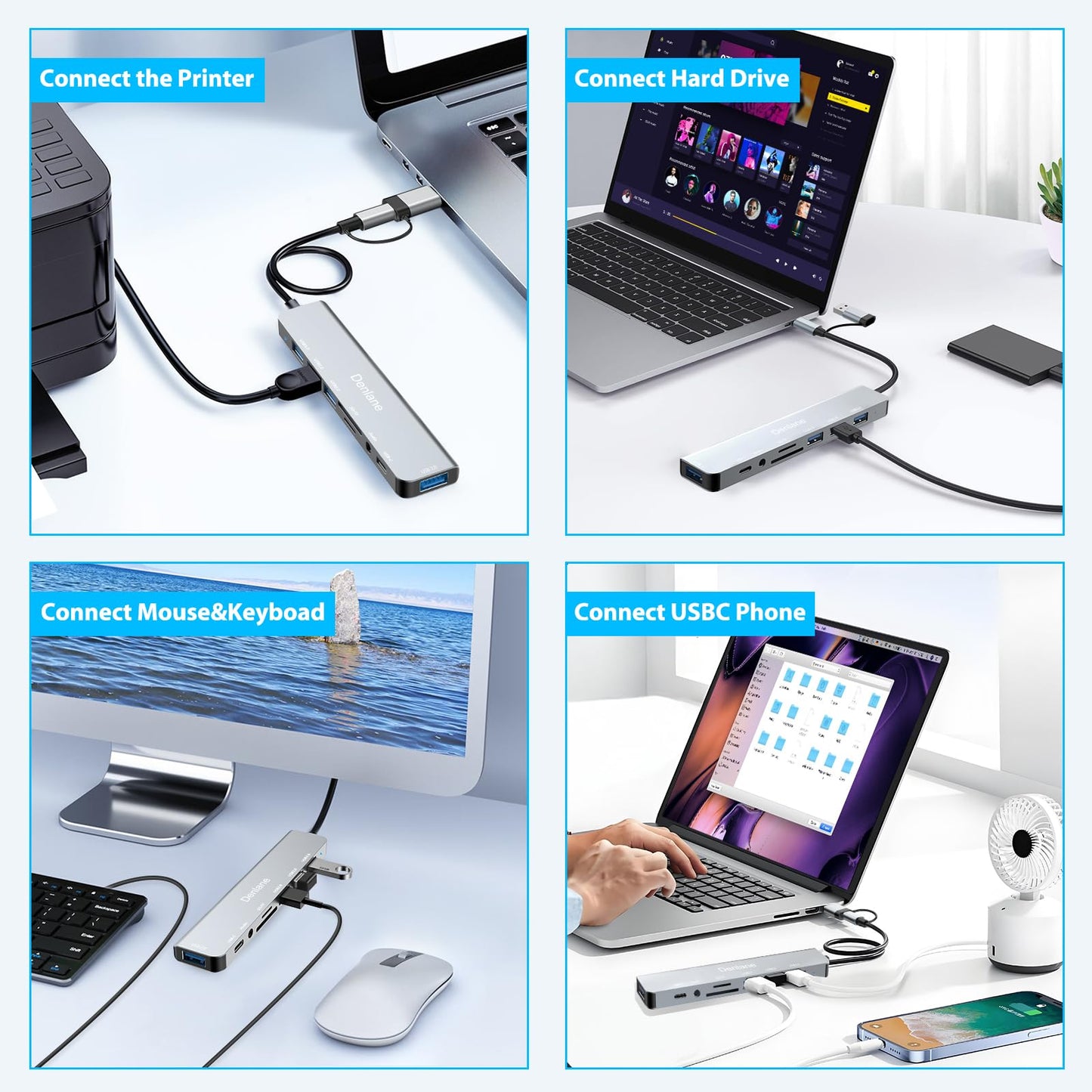 Denlane USB C Hub USB Hub 3.0 for Laptop, Upgrade 8 in 2 USB Splitter with USB-C/4 USB A Port Extender, TF/SD Card Slot, 3.5mm Audio Adapter, USBC USB Dongle for PC/Mac/MacBook/Laptop/iPad/Tablet